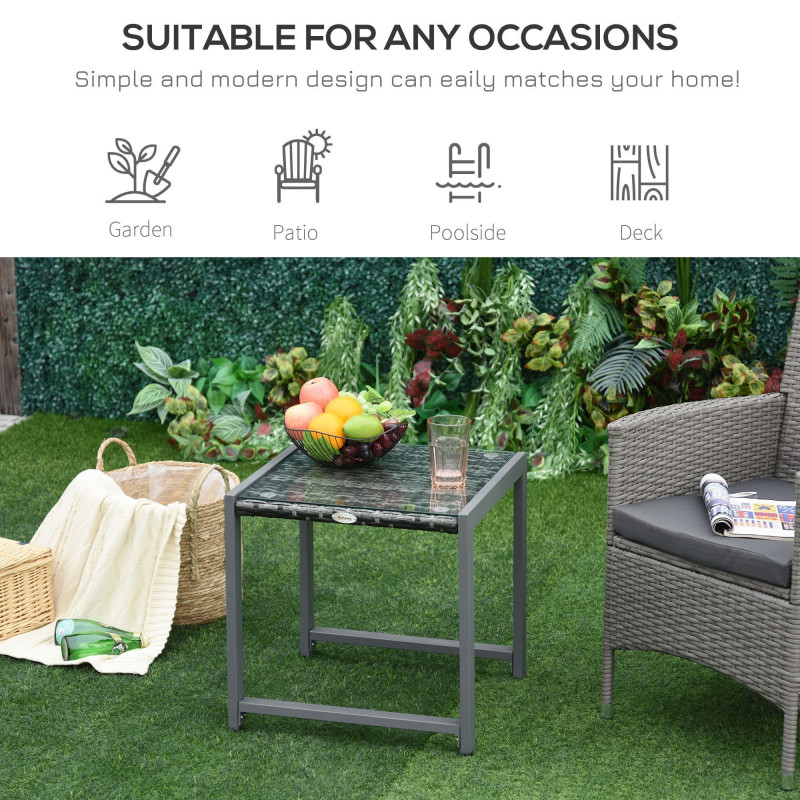 Rattan Coffee Table, Wicker Patio Side Table with Tempered Glass Top and Aluminum Frame for Outdoor, Garden, Gray