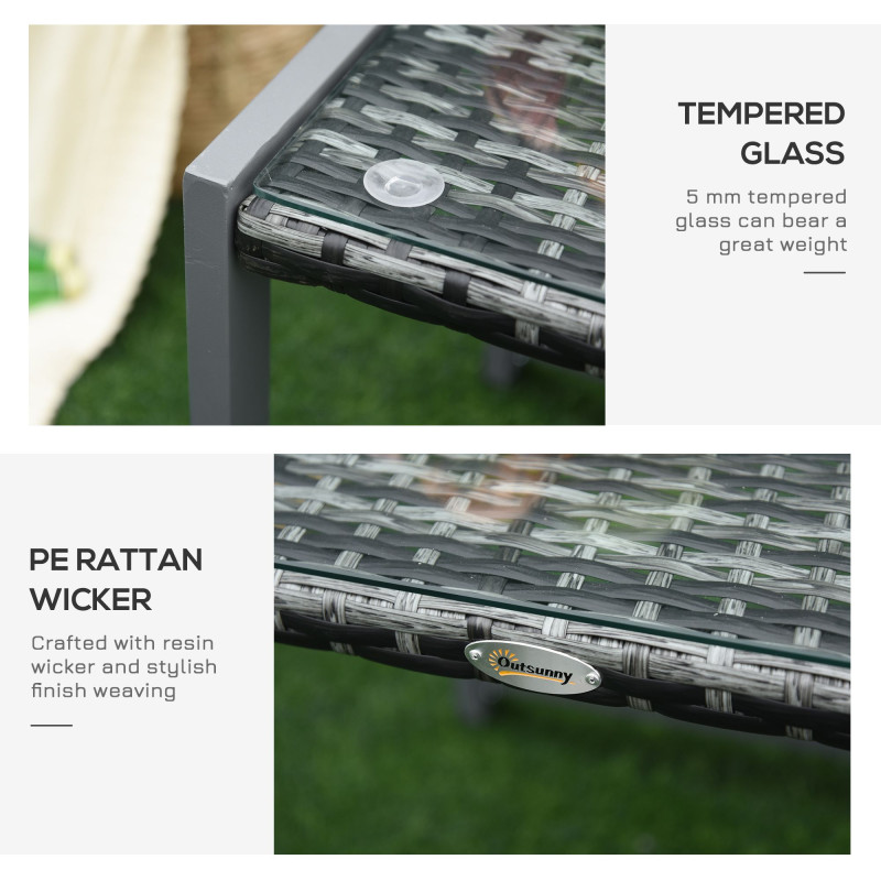 Rattan Coffee Table, Wicker Patio Side Table with Tempered Glass Top and Aluminum Frame for Outdoor, Garden, Gray