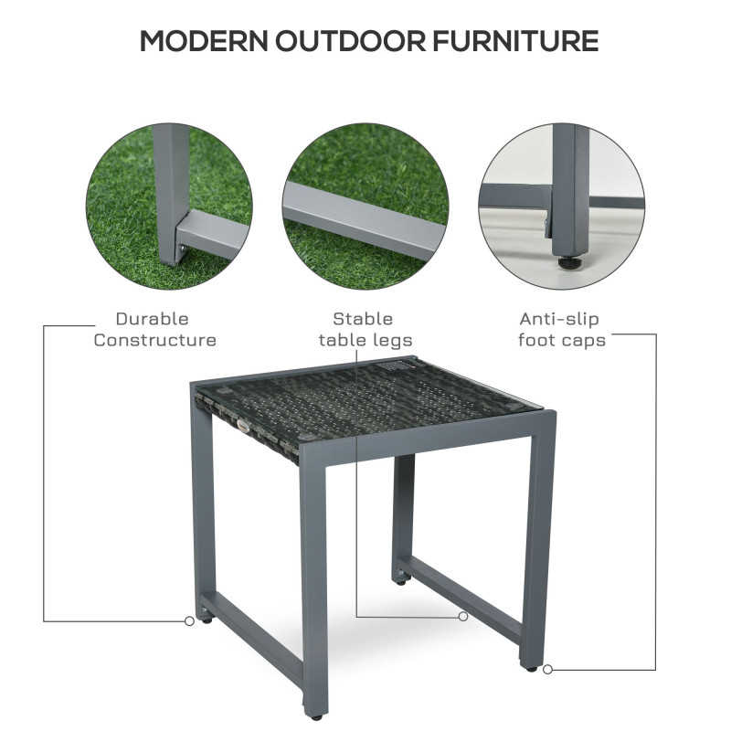 Rattan Coffee Table, Wicker Patio Side Table with Tempered Glass Top and Aluminum Frame for Outdoor, Garden, Gray