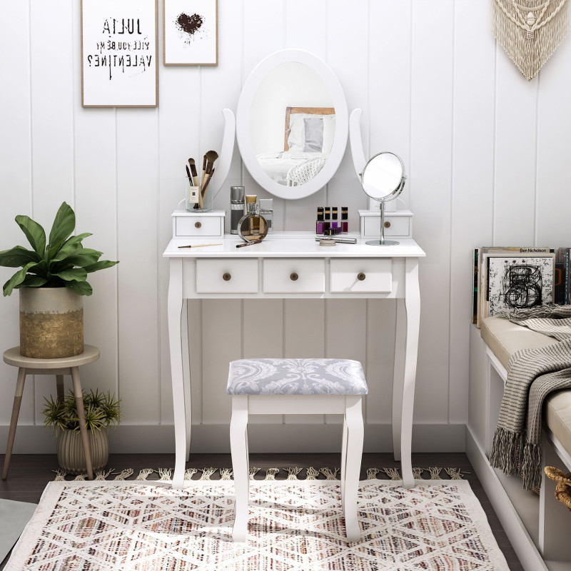 Wooden Vanity Table Set, Makeup Dressing Table with 360° Rotating, 5 Drawers and Padded Stool, White