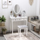 Wooden Vanity Table Set, Makeup Dressing Table with 360° Rotating, 5 Drawers and Padded Stool, White