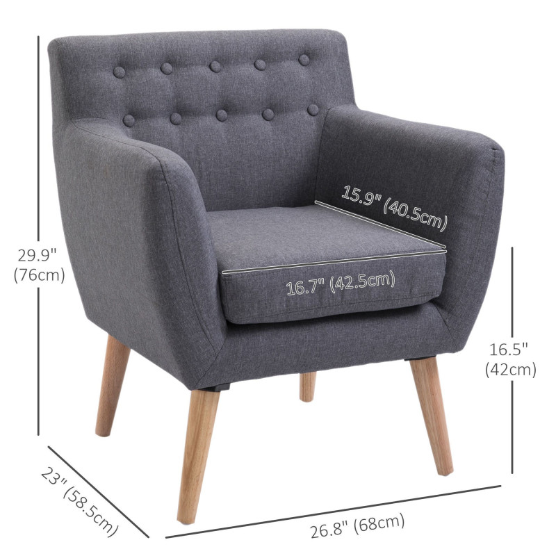 Linen Upholstery Armchair, Mid-Century Modern Accent Chair with Wood Frame and Thick Padding, Light Grey