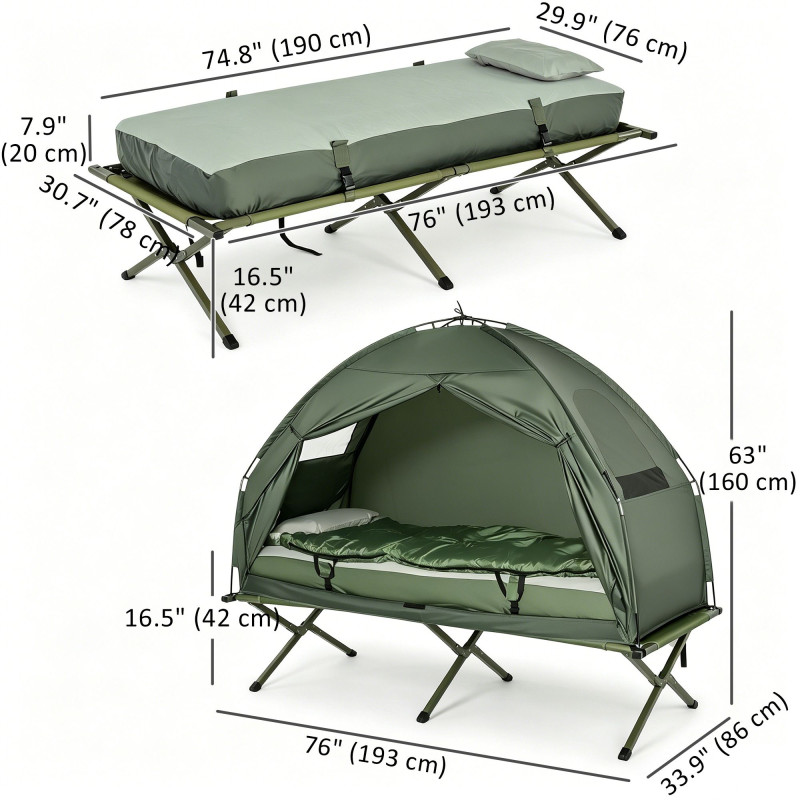 Hiking Tent Camping Bed Cot Combo Portable w/ Sleep Bag Mattress
