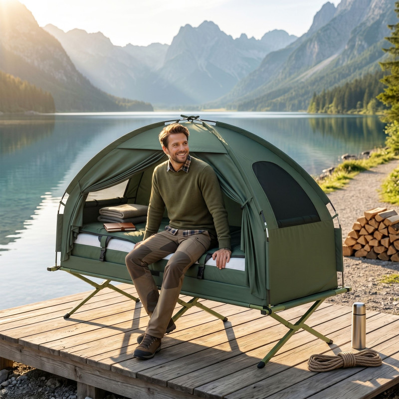 Hiking Tent Camping Bed Cot Combo Portable w/ Sleep Bag Mattress