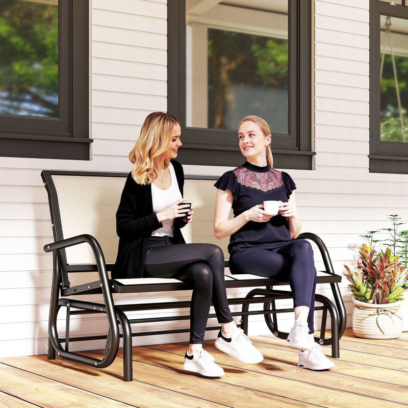 Outdoor Glider Bench, 2 Person Patio Glider Chair, Gliding Outdoor Garden Loveseat Swing Bench with Breathable Mesh Fabric, Steel Frame for Backyard, Porch, Cream White