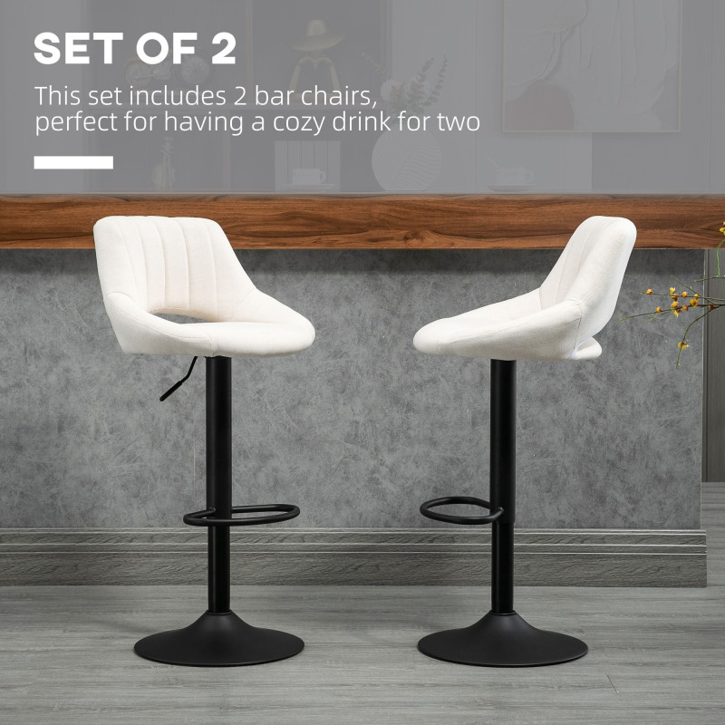 Bar Stools Set of 2, Swivel Counter Height Barstools with Adjustable Height, Linen Upholstered Bar Chairs with Round Metal Base and Footrest, Cream