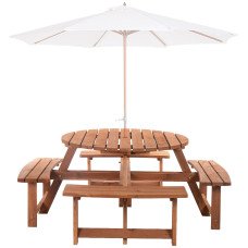 8 Seater Round Wooden Pub Bench & Picnic Table, Patio Dining Set for Outdoor Patio (Umbrella Not Included)