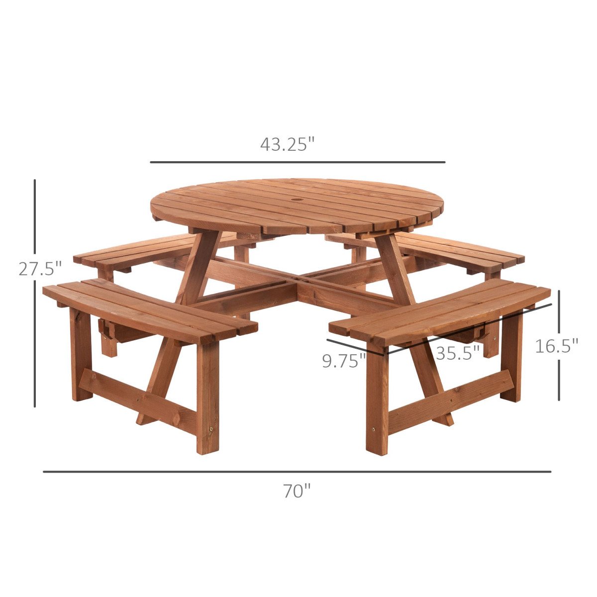 8 Seater Round Wooden Pub Bench & Picnic Table, Patio Dining Set for Outdoor Patio (Umbrella Not Included)
