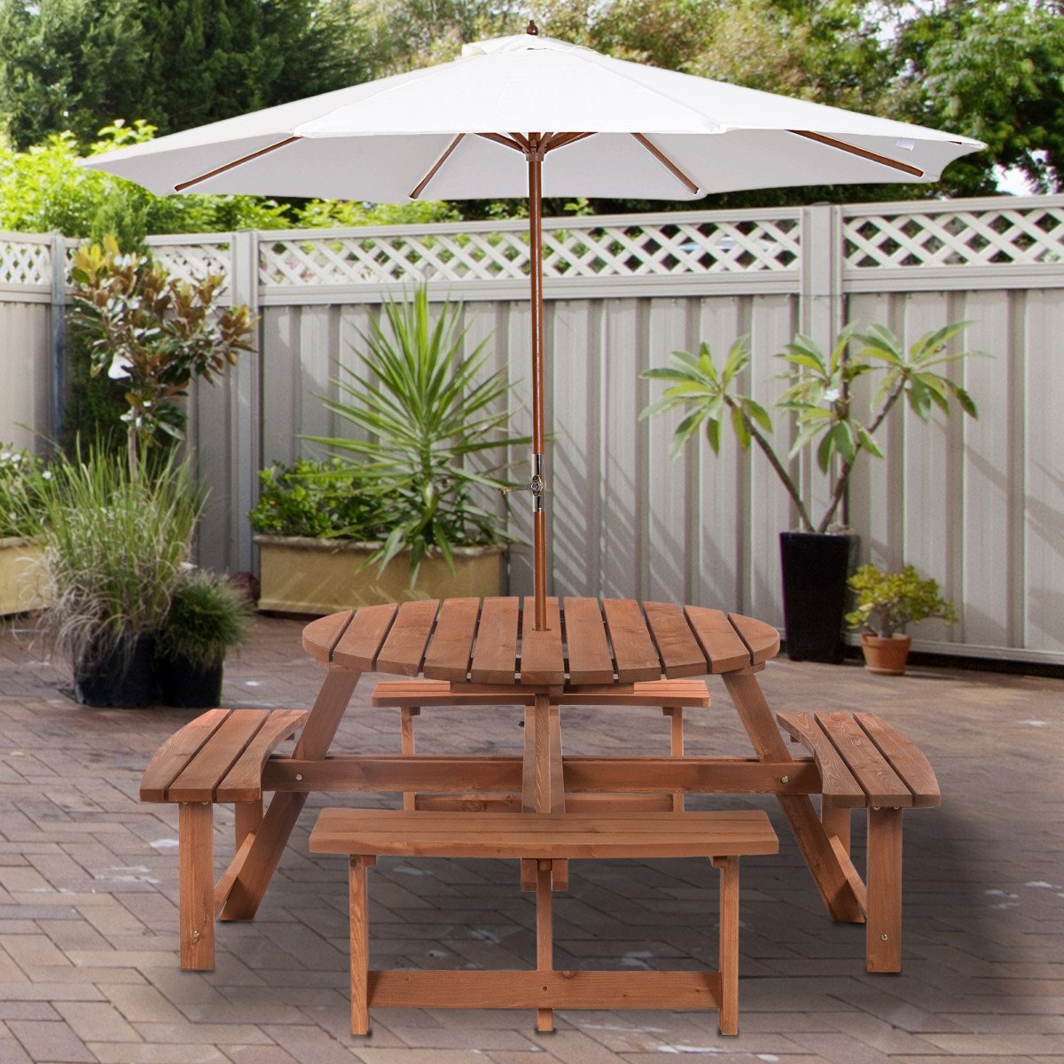 8 Seater Round Wooden Pub Bench & Picnic Table, Patio Dining Set for Outdoor Patio (Umbrella Not Included)