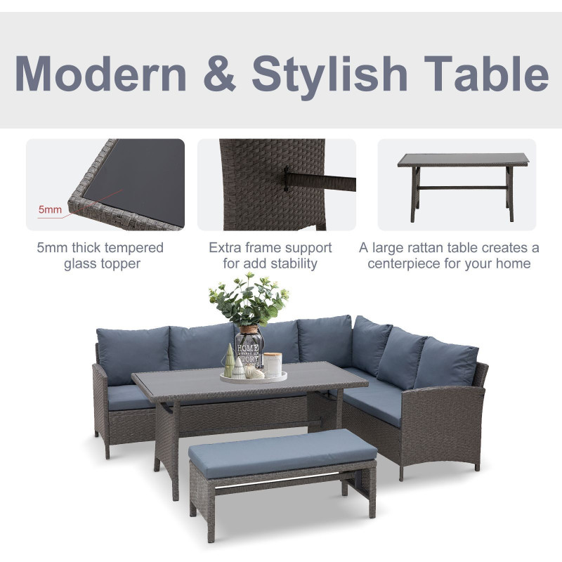 4 Piece Outdoor Patio Rattan Wicker Dining Table Bench Patio Furniture Sofa
