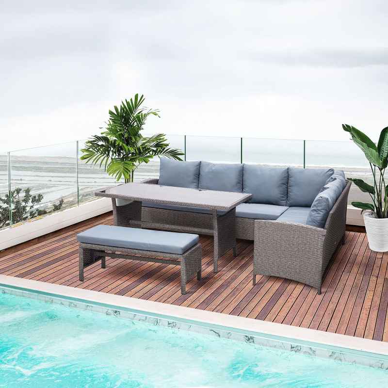 4 Piece Outdoor Patio Rattan Wicker Dining Table Bench Patio Furniture Sofa