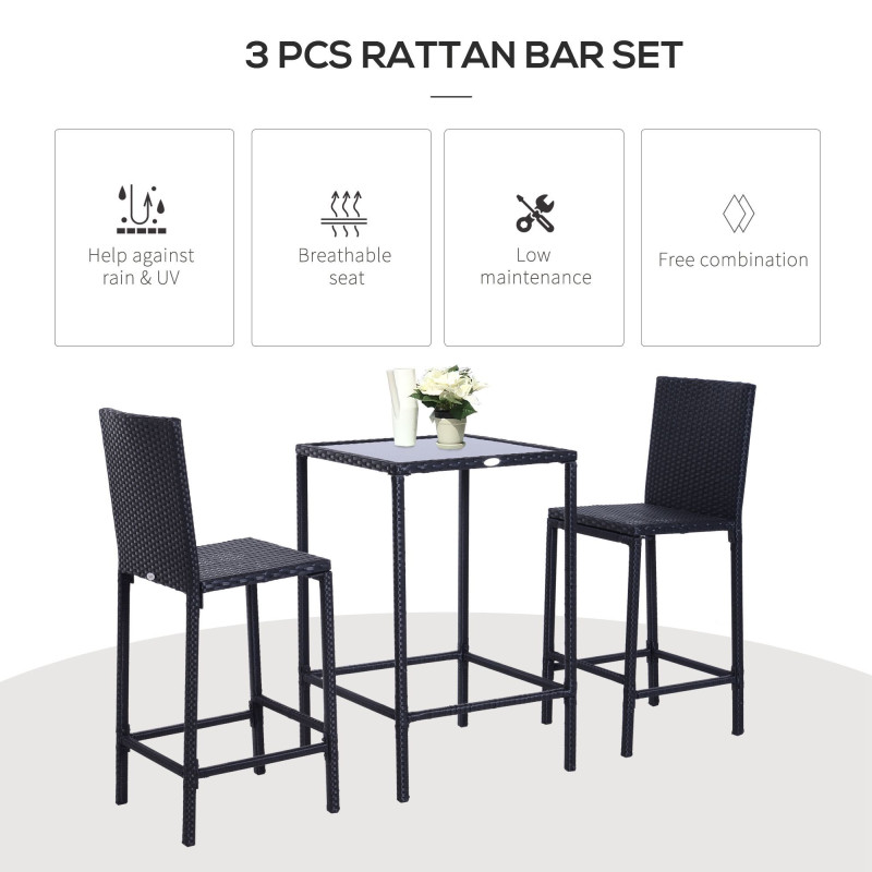 3 Piece Patio Bar Set Wicker Rattan Garden Bistro Set Barstool and Table for Patio Backyard Balcony Poolside, Black
