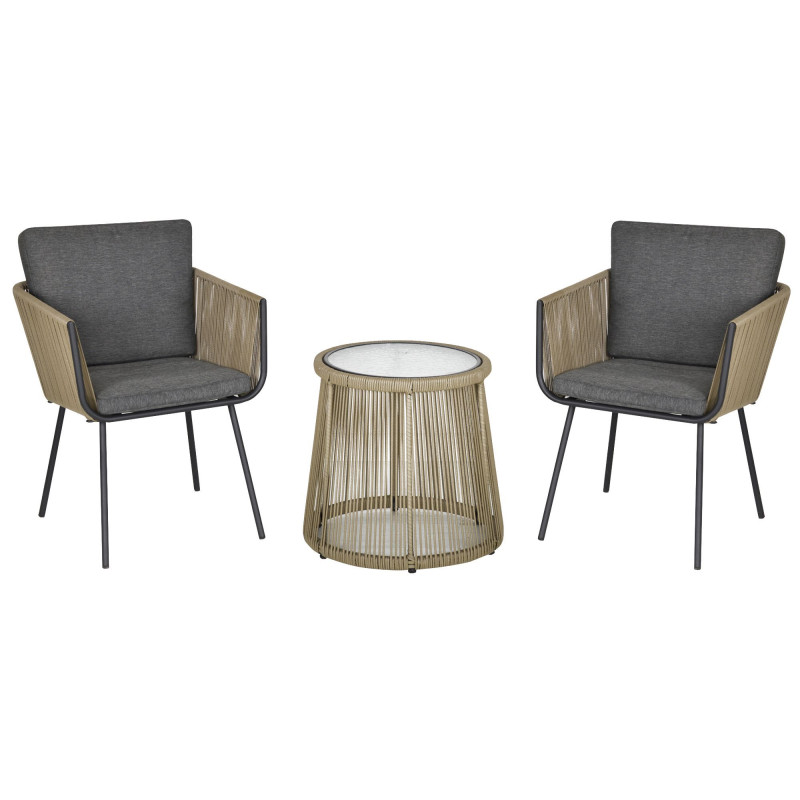 3 Pieces Wicker Patio Furniture Set, Rattan Bistro Set with Coffee Table and Cushions, Outdoor Conversation Set for Garden, Porch, Balcony, Grey