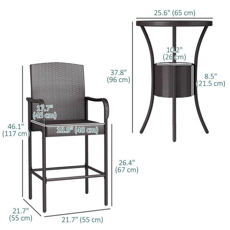 3 Pieces Patio Bar Set, Rattan Bistro Table and Chairs, Outdoor Conversation Furniture Set with Ice Bucket, Dark Brown