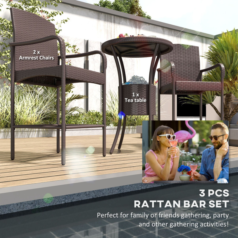 3 Pieces Patio Bar Set, Rattan Bistro Table and Chairs, Outdoor Conversation Furniture Set with Ice Bucket, Dark Brown