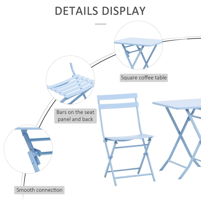 3 Pieces Garden Bistro Coffee Set Foldable Patio Chair & Square Table for Outdoor Yard Porch Poolside Balcony Blue