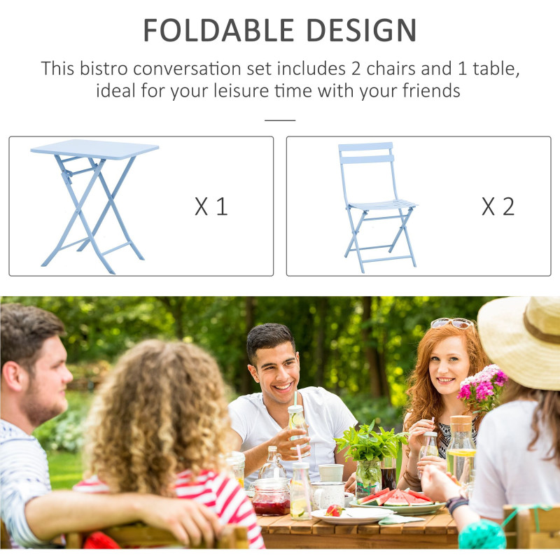 3 Pieces Garden Bistro Coffee Set Foldable Patio Chair & Square Table for Outdoor Yard Porch Poolside Balcony Blue