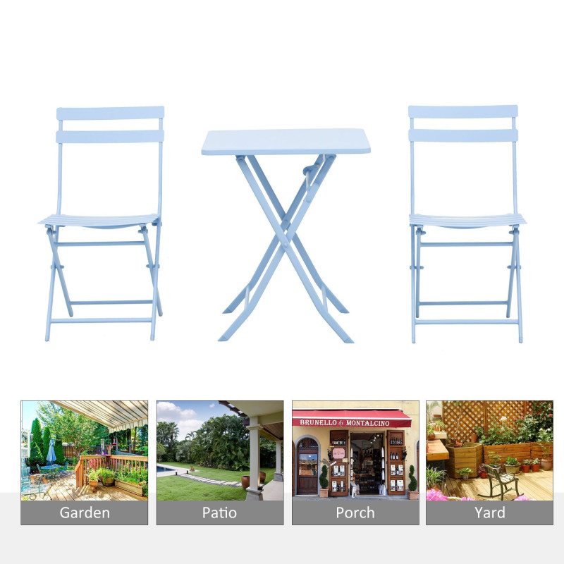 3 Pieces Garden Bistro Coffee Set Foldable Patio Chair & Square Table for Outdoor Yard Porch Poolside Balcony Blue