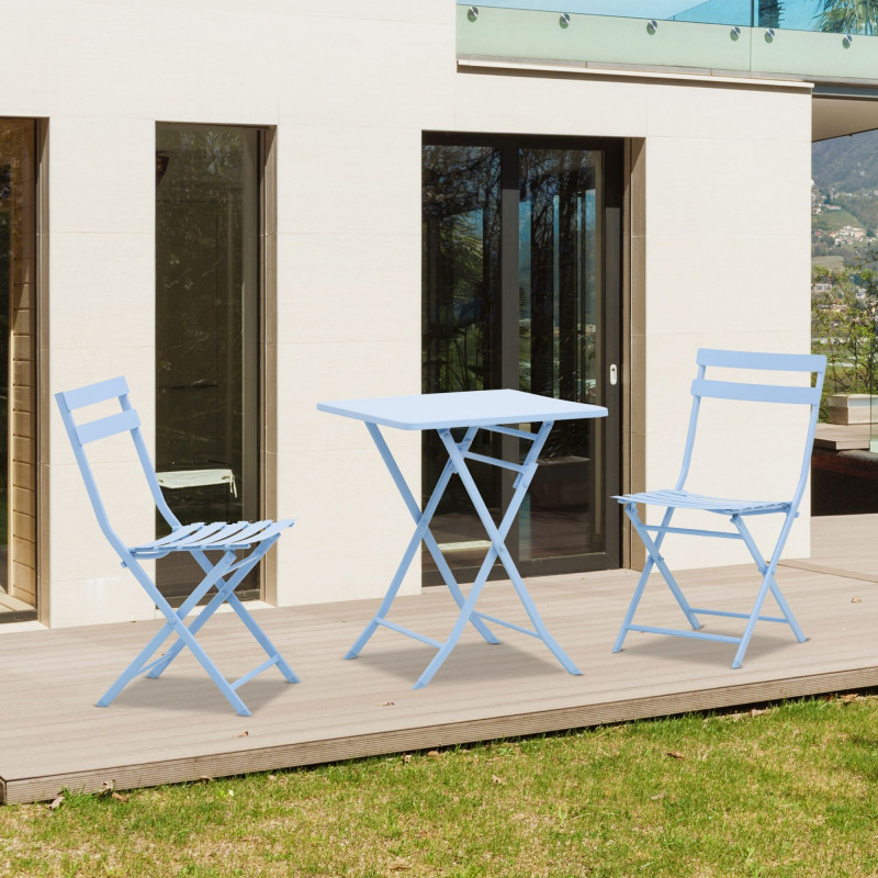 3 Pieces Garden Bistro Coffee Set Foldable Patio Chair & Square Table for Outdoor Yard Porch Poolside Balcony Blue