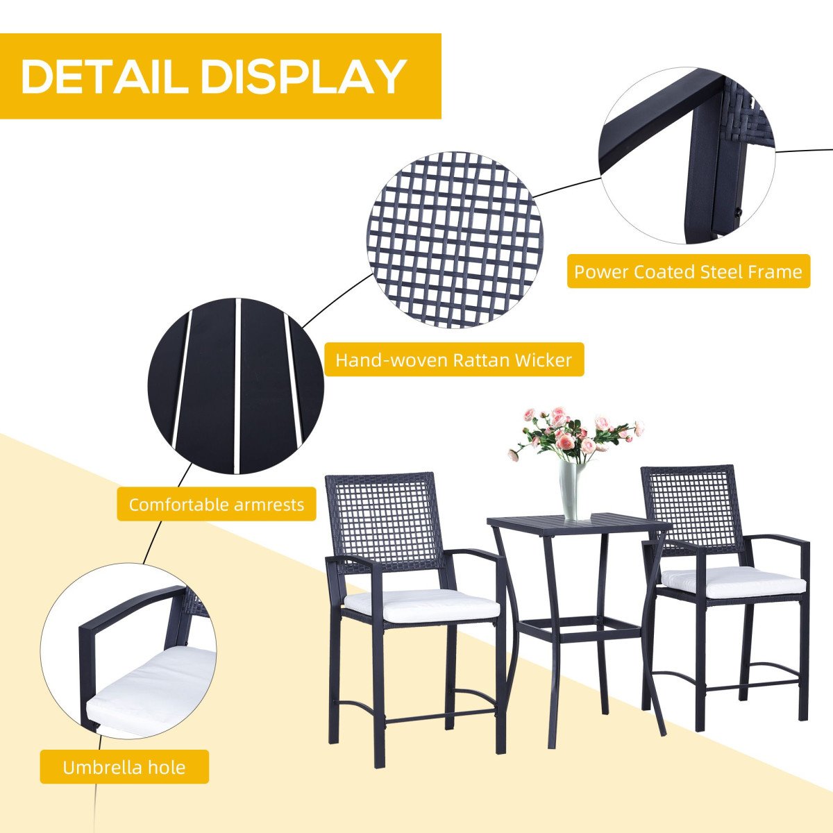 3 Pieces Outdoor Wicker Bar Set, Classic Bistro Bar Set Garden Rattan Style Patio Bar Table & High Chairs w/ Cushions Home Bar Furniture, Cream White