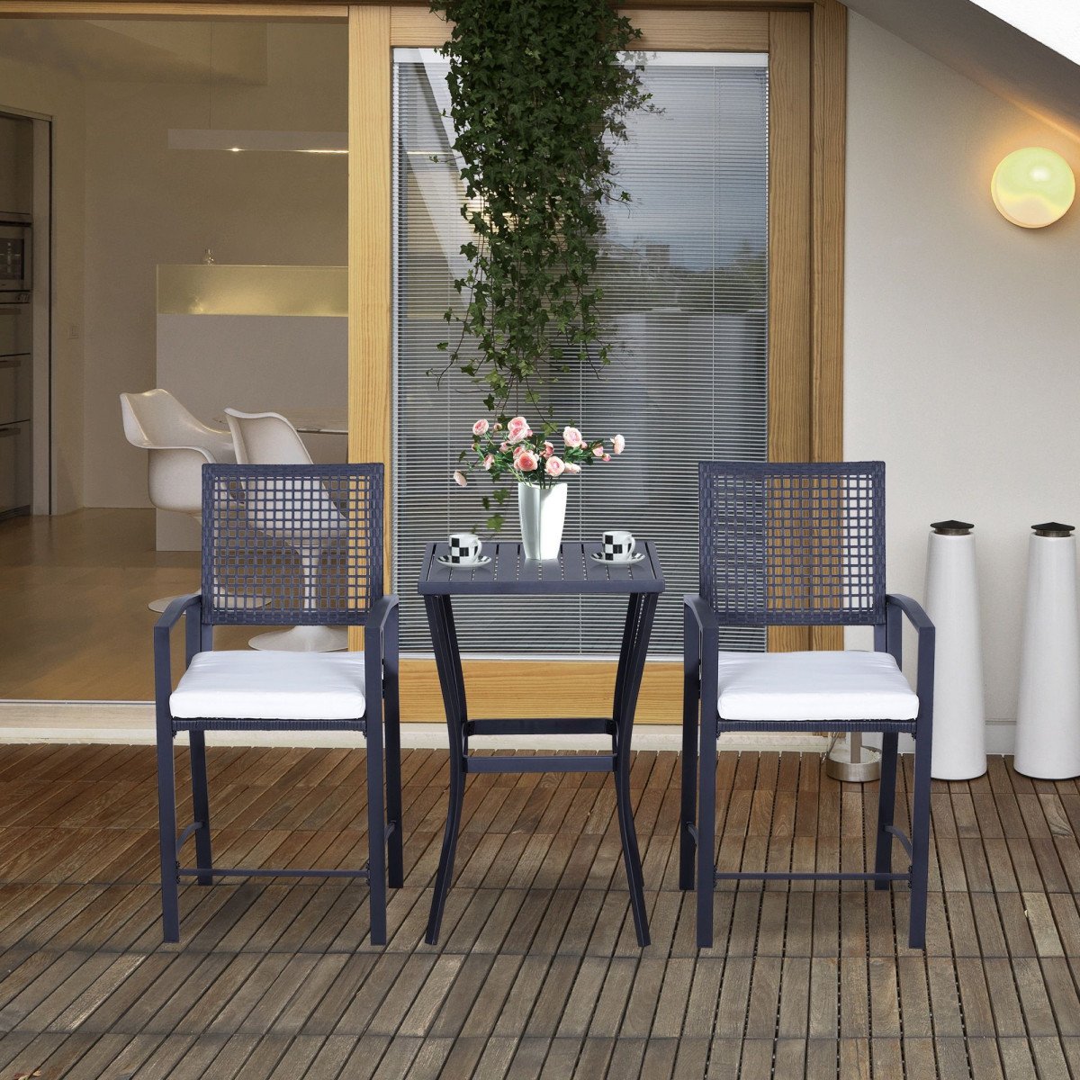 3 Pieces Outdoor Wicker Bar Set, Classic Bistro Bar Set Garden Rattan Style Patio Bar Table & High Chairs w/ Cushions Home Bar Furniture, Cream White