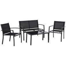 4-Piece Patio Furniture Set with Glass Top Coffee Table, Breathable Mesh Seat & Backrest for Garden, Balcony, Black