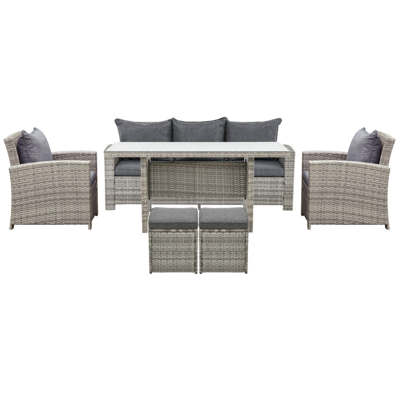 6 Pcs Patio Furniture Set, Rattan Outdoor Furniture Set with 3 Seater Sofa, Armchairs, Footstools and Table, Dark Grey