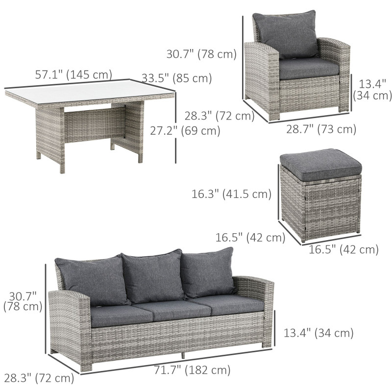 6 Pcs Patio Furniture Set, Rattan Outdoor Furniture Set with 3 Seater Sofa, Armchairs, Footstools and Table, Dark Grey