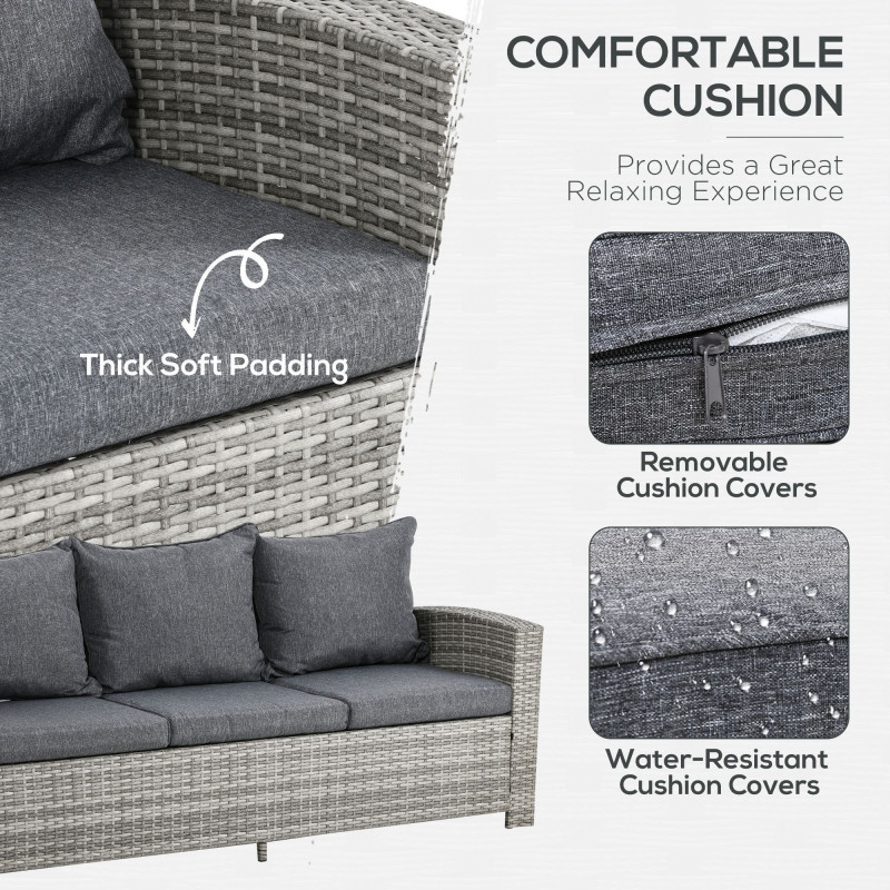 6 Pcs Patio Furniture Set, Rattan Outdoor Furniture Set with 3 Seater Sofa, Armchairs, Footstools and Table, Dark Grey