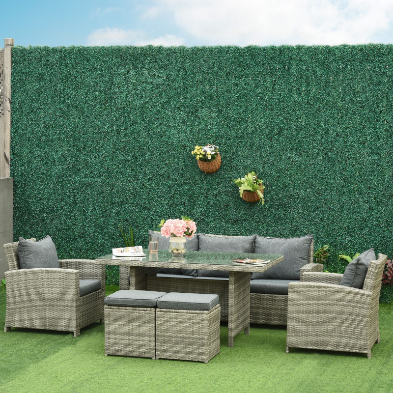 6 Pcs Patio Furniture Set, Rattan Outdoor Furniture Set with 3 Seater Sofa, Armchairs, Footstools and Table, Dark Grey