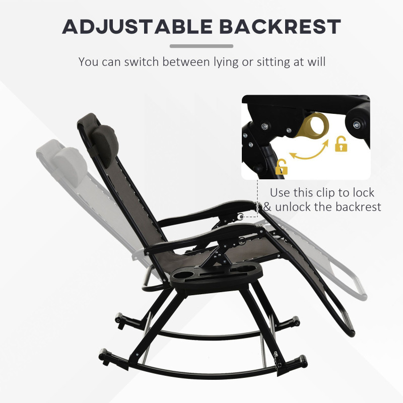 2 in 1 Adjustable Zero Gravity Reclining Lounge Chair Garden Recliner and Rocker Foldable Sun Lounger Napping Seat w/ Headrest & Tray Grey