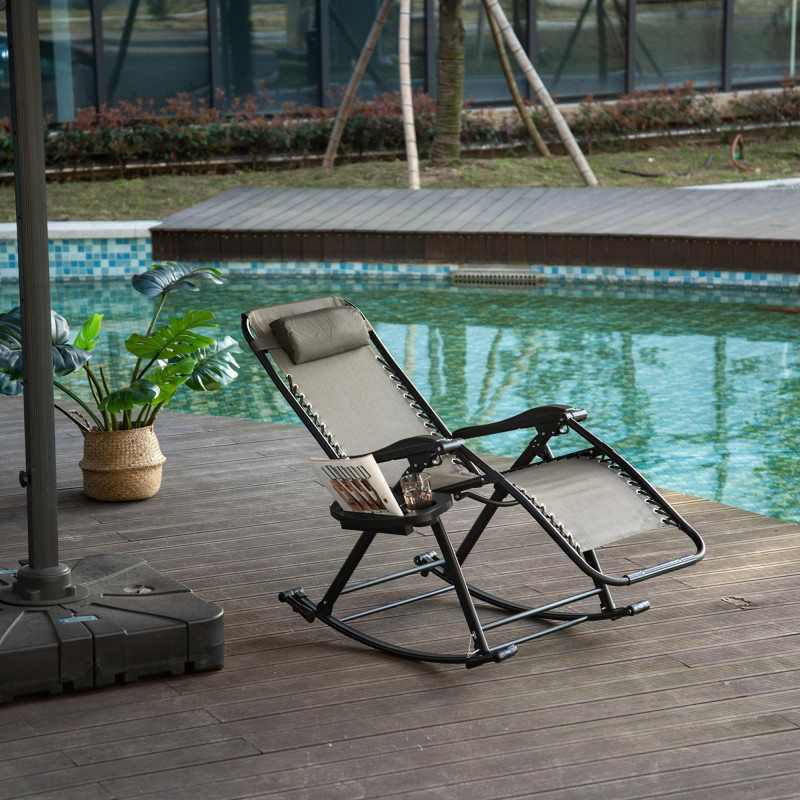 2 in 1 Adjustable Zero Gravity Reclining Lounge Chair Garden Recliner and Rocker Foldable Sun Lounger Napping Seat w/ Headrest & Tray Grey