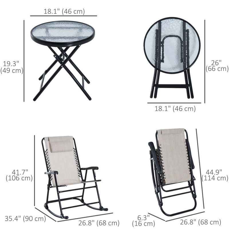 3pc Patio Rocking Chair Set, Folding Outdoor Rocking Chairs and Table Bistro Set w/ Breathable Mesh Seat & Backrest, Headrest for Park, Backyard, Garden, Cream White