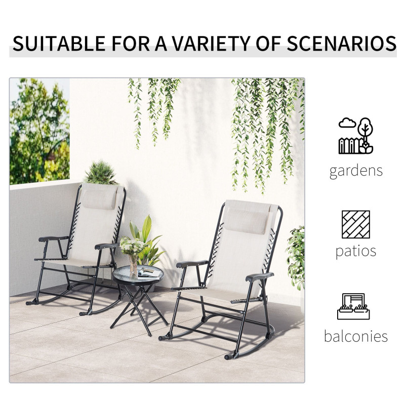 3pc Patio Rocking Chair Set, Folding Outdoor Rocking Chairs and Table Bistro Set w/ Breathable Mesh Seat & Backrest, Headrest for Park, Backyard, Garden, Cream White