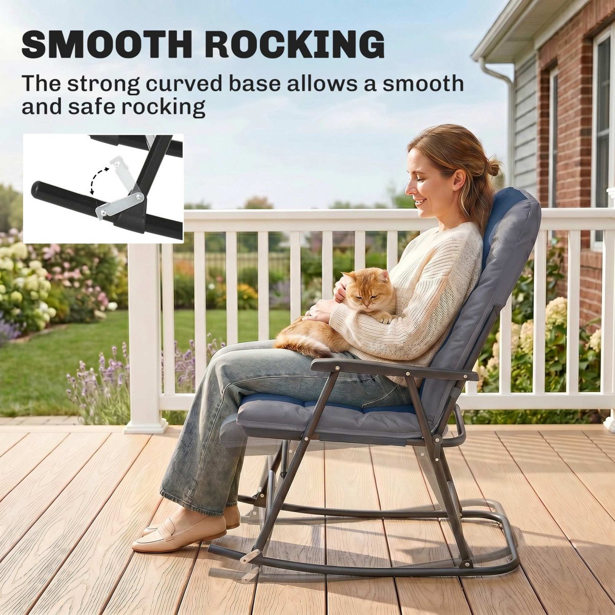 Folding Rocking Chair Set of 2 Padded Rockers with Armrest, Navy Blue