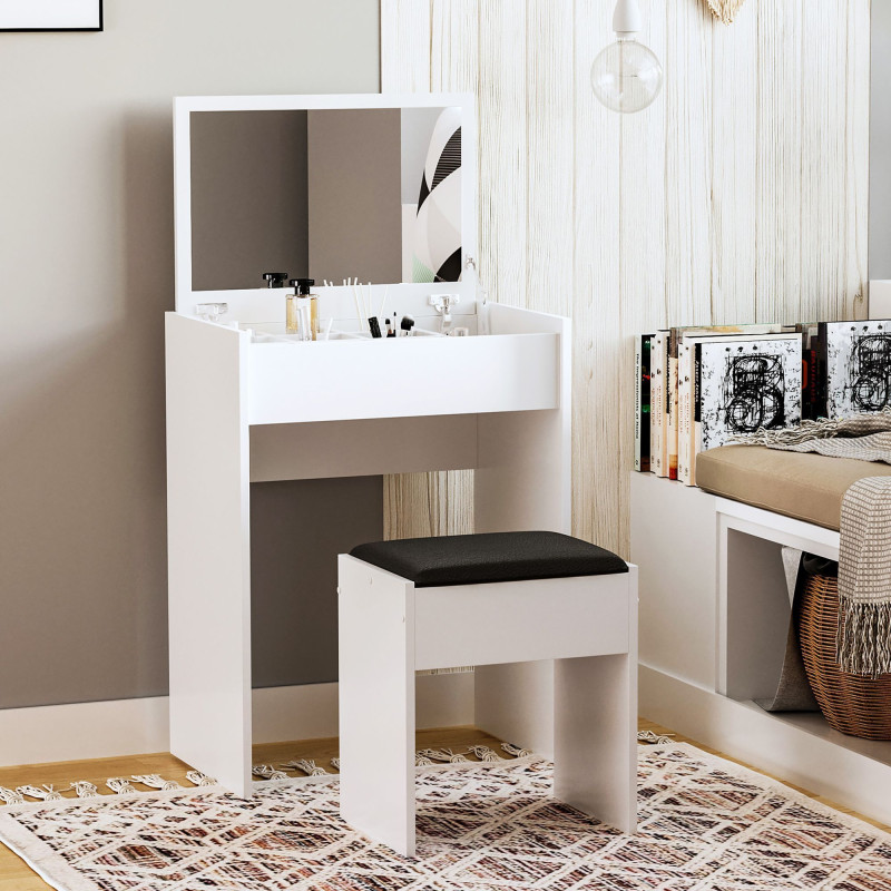 Modern Vanity Set with Makeup Table and Cushioned Stool, Dressing Table with Flip Top and Mirror for Bedroom, White