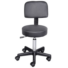 PU Leather Adjustable Rolling Stool, Round Swivel Drafting Stool with Back, Wheels, Black