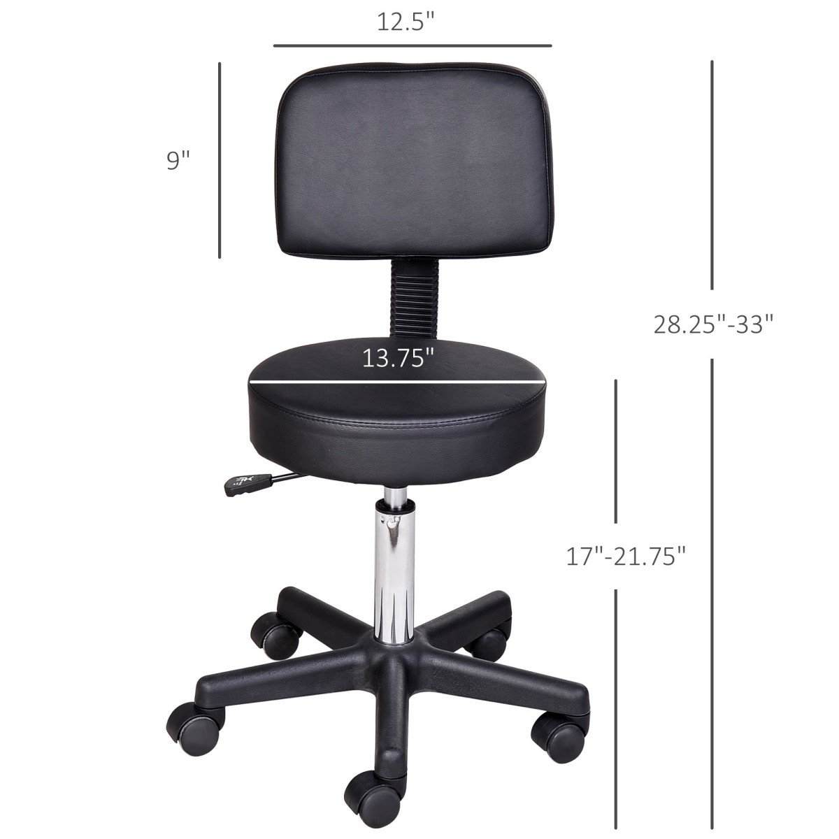PU Leather Adjustable Rolling Stool, Round Swivel Drafting Stool with Back, Wheels, Black