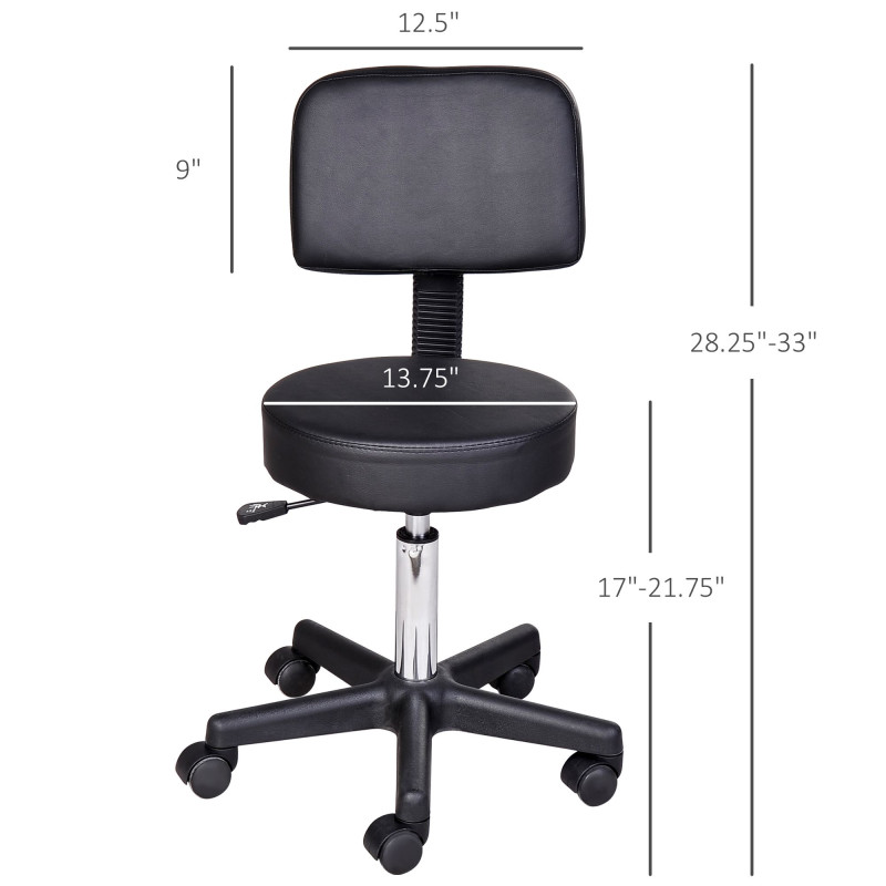 PU Leather Adjustable Rolling Stool, Round Swivel Drafting Stool with Back, Wheels, Black