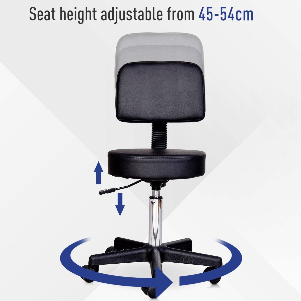 PU Leather Adjustable Rolling Stool, Round Swivel Drafting Stool with Back, Wheels, Black