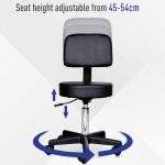 PU Leather Adjustable Rolling Stool, Round Swivel Drafting Stool with Back, Wheels, Black