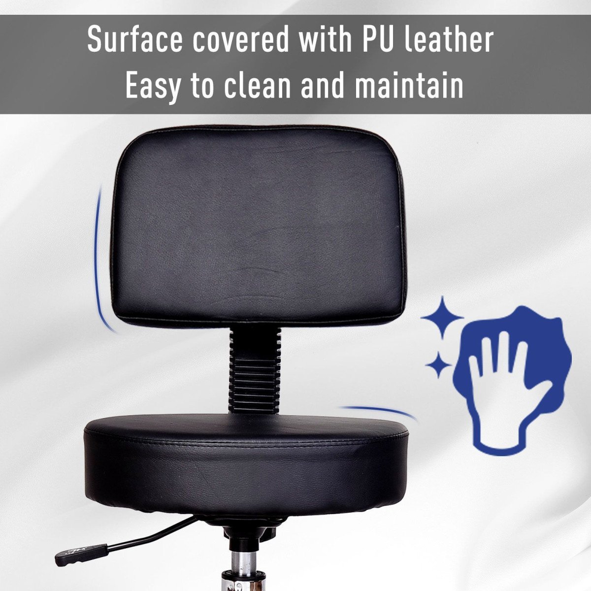 PU Leather Adjustable Rolling Stool, Round Swivel Drafting Stool with Back, Wheels, Black