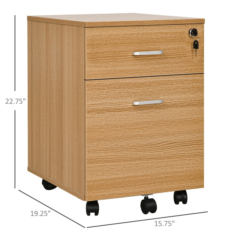 2 Drawer File Cabinet with Lock and Keys, Mobile Vertical Filing Cabinet with Wheels and Drawers, Home Office Cabinet, Natural