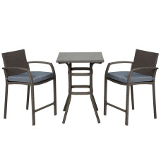 3 Pieces Patio Bar Set Wicker Garden Bistro Set Outdoor Furniture PE Rattan Table and Stools with Seat Cushion, Grey