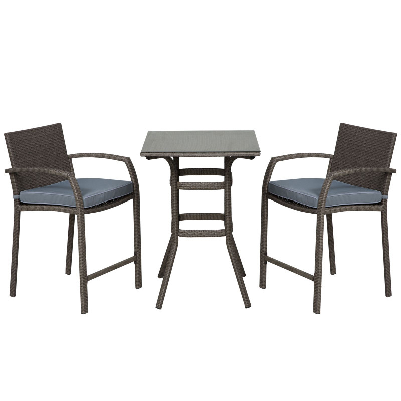 3 Pieces Patio Bar Set Wicker Garden Bistro Set Outdoor Furniture PE Rattan Table and Stools with Seat Cushion, Grey