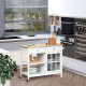 Kitchen Cart on Wheels, Utility Storage Island with Rubber Wood Top, Towel Rack, Cabinets, Drawers, White