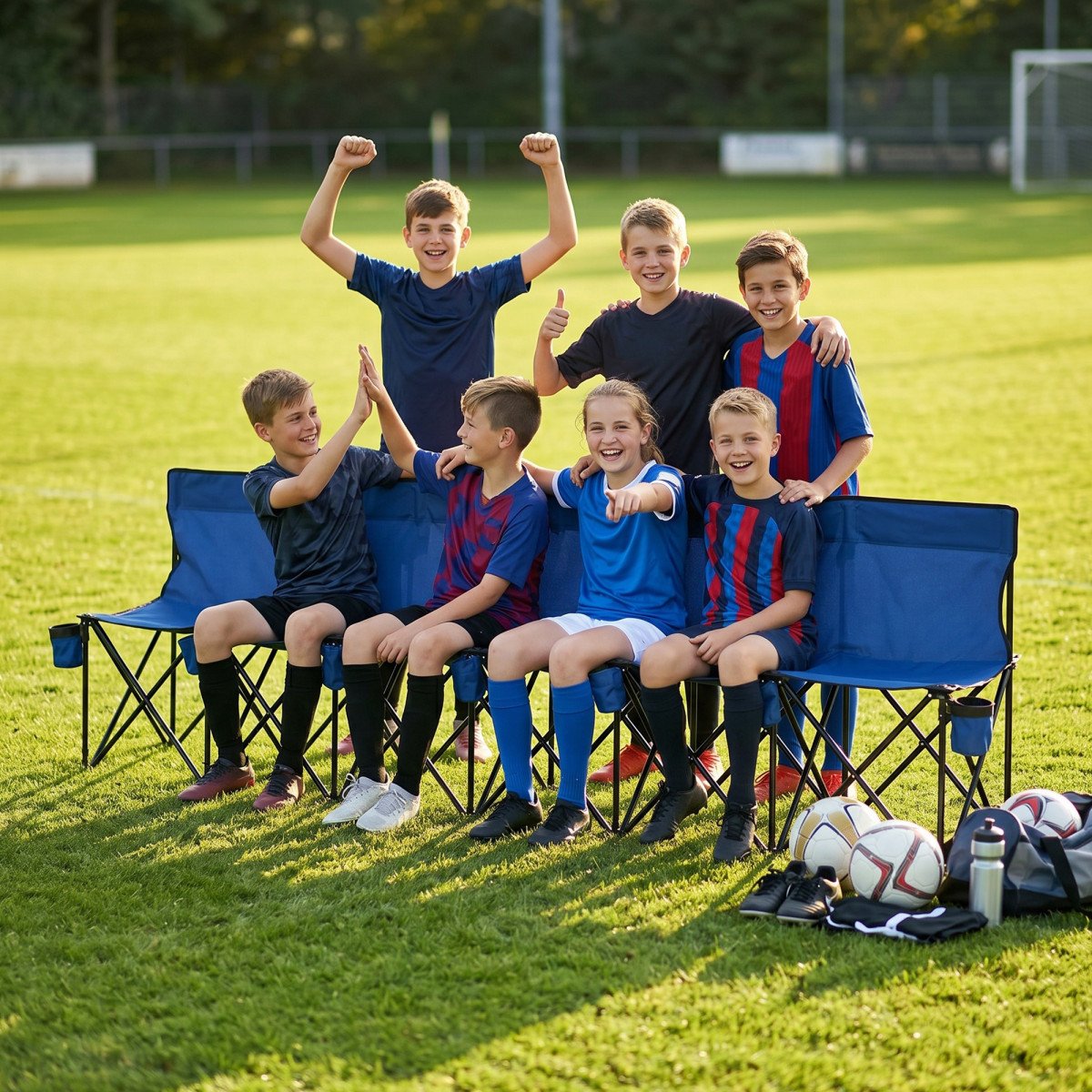 6 Seat Folding Camping Chair with Cup Holder and Carrying Case for Camping, Picnic, Sports Events, Blue