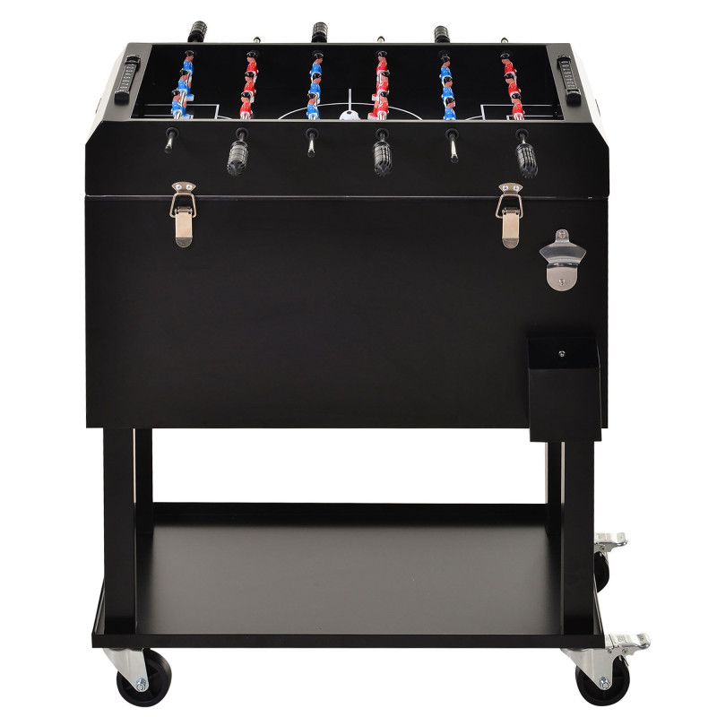 68QT Patio Cooler Ice Chest with Foosball Table Top, Portable Poolside Party Bar Cold Drink Rolling Cart on Wheels with Tray Shelf Black