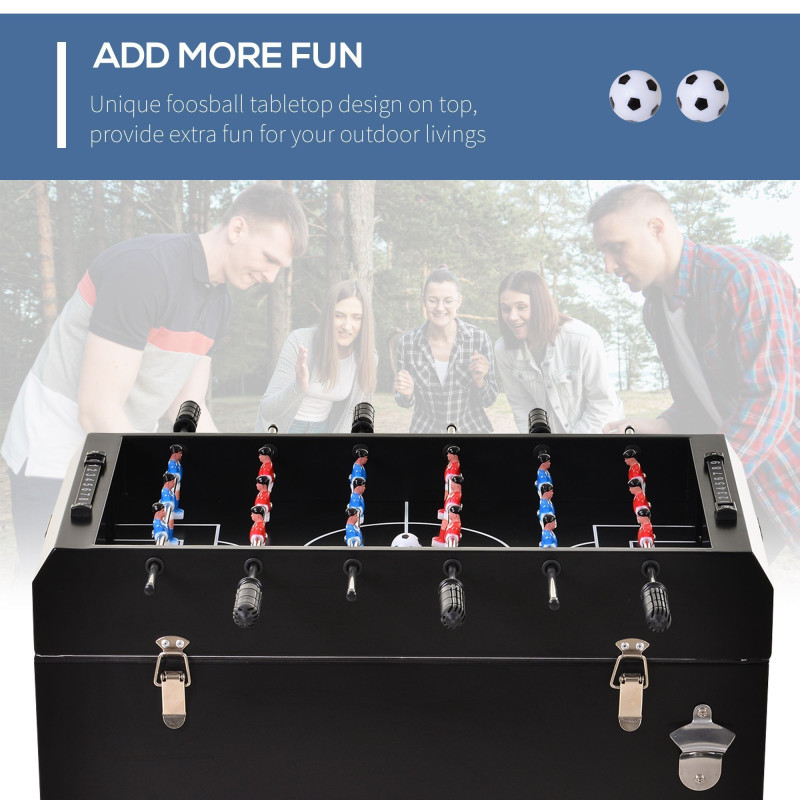 68QT Patio Cooler Ice Chest with Foosball Table Top, Portable Poolside Party Bar Cold Drink Rolling Cart on Wheels with Tray Shelf Black