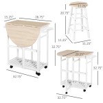 Kitchen Trolley 3 Piece Kitchen Cart Set Drop Leaf Breakfast Table and 2 Stools w/ Rolling Wheels & Towel Bars, Wood & White